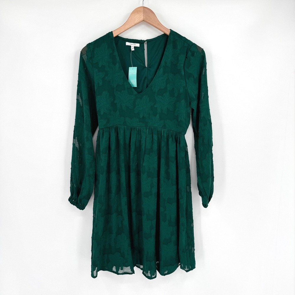 Maurices Green Burnout Floral Mini Dress Long Sleeve V-Neck‎ XS NWT